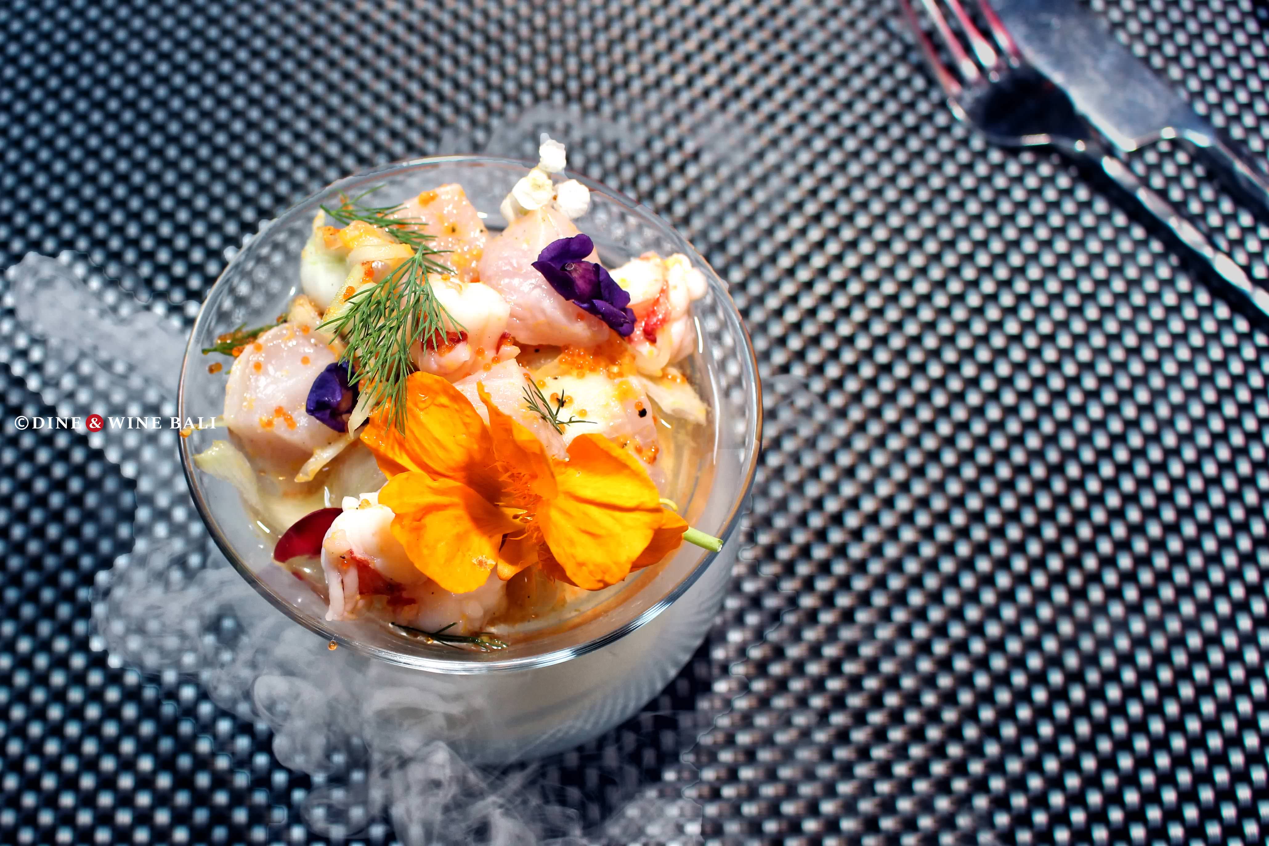 Dine & Wine Bali Best Restaurants & Culinary Guide Bali FIRE Restaurant W Bali - Seminyak Fine Dining Grill BBQ Brunch Cured Hamachi Prawn Ceviche Starter