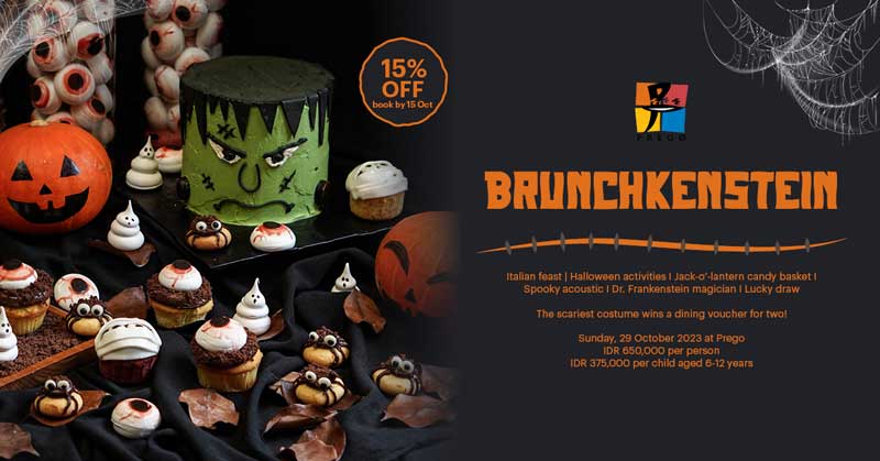 A table with cupcakes and a cake decorated for Halloween Brunch Brunchkenstein at  Prego Italian Restaurant
